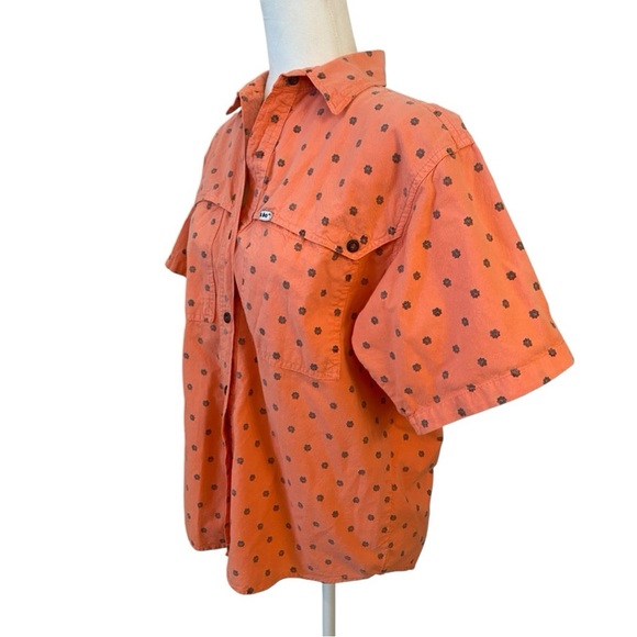 Ilio Womens Vintage Orange Button Up Short Sleeve Top - Picture 2 of 7